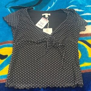 T.J.Maxx Black and White Polka Dot Tie-Front Blouse